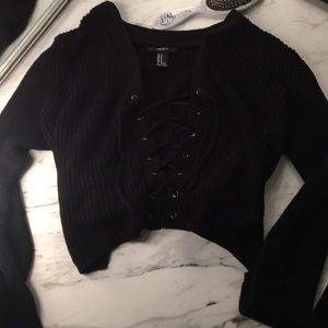 Black Lace Up Cropped Sweater
